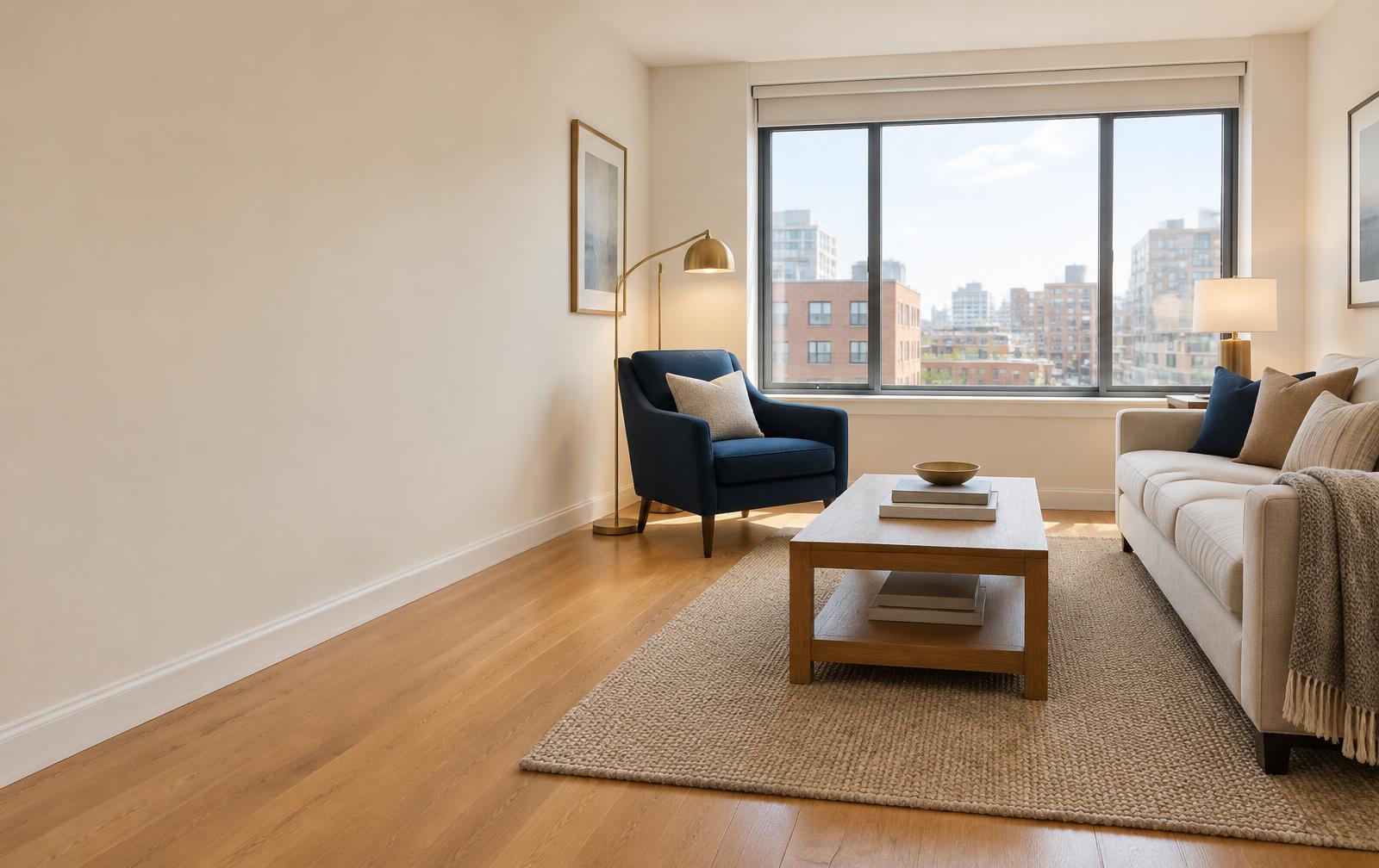 Illustrative clean apartment living room with a linen sofa and navy chair